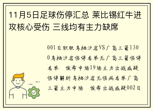 11月5日足球伤停汇总 莱比锡红牛进攻核心受伤 三线均有主力缺席