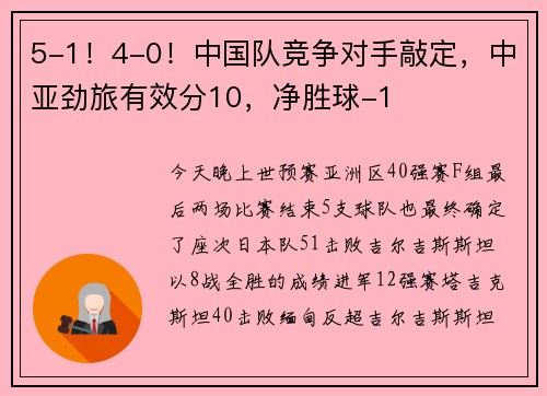 5-1！4-0！中国队竞争对手敲定，中亚劲旅有效分10，净胜球-1