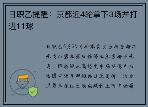 日职乙提醒：京都近4轮拿下3场并打进11球