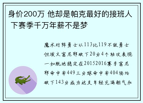 身价200万 他却是帕克最好的接班人 下赛季千万年薪不是梦